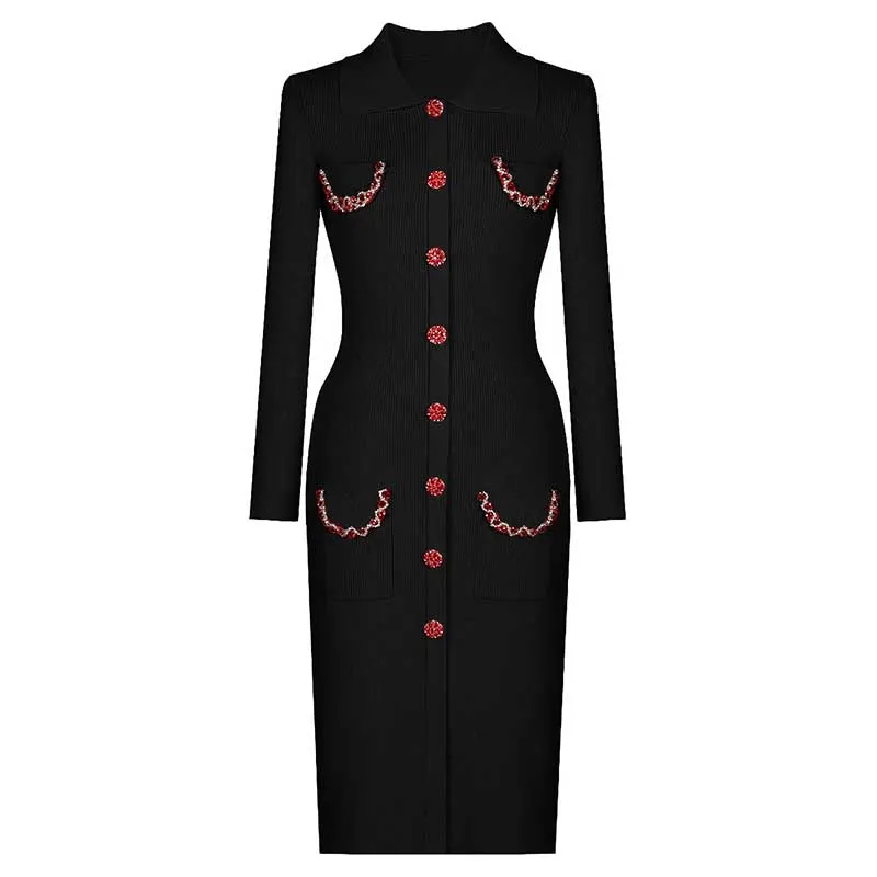 Collared Long Sleeves Knitted Midi Dress With Beaded Trim and Buttoms