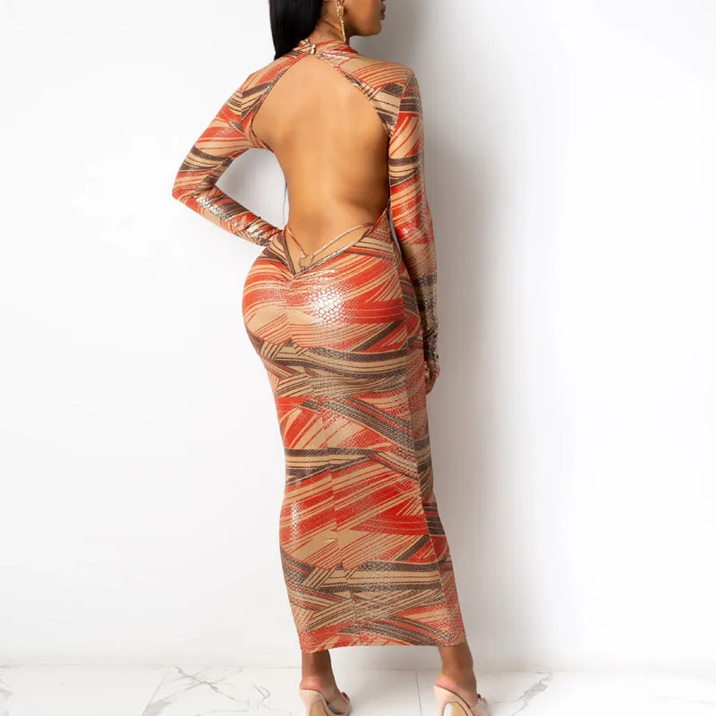Colorblock Print Backless Long Sleeve Dress