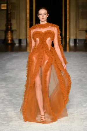 Copper Gathered Tulle Detail Gown