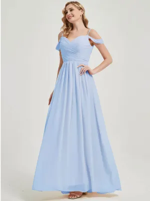 Cornflower Blue Spaghetti Straps Pleated Chiffon Bridesmaid Dress