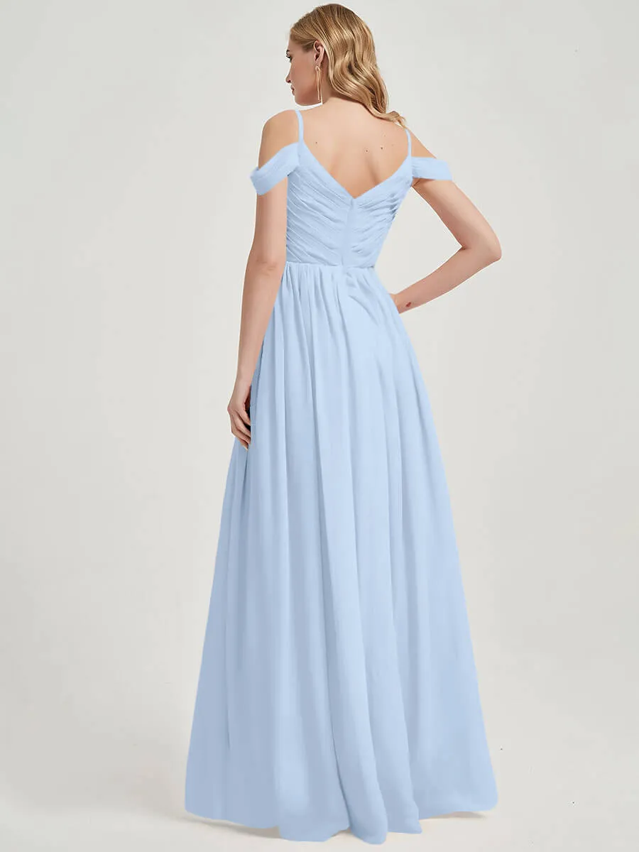 Cornflower Blue Spaghetti Straps Pleated Chiffon Bridesmaid Dress