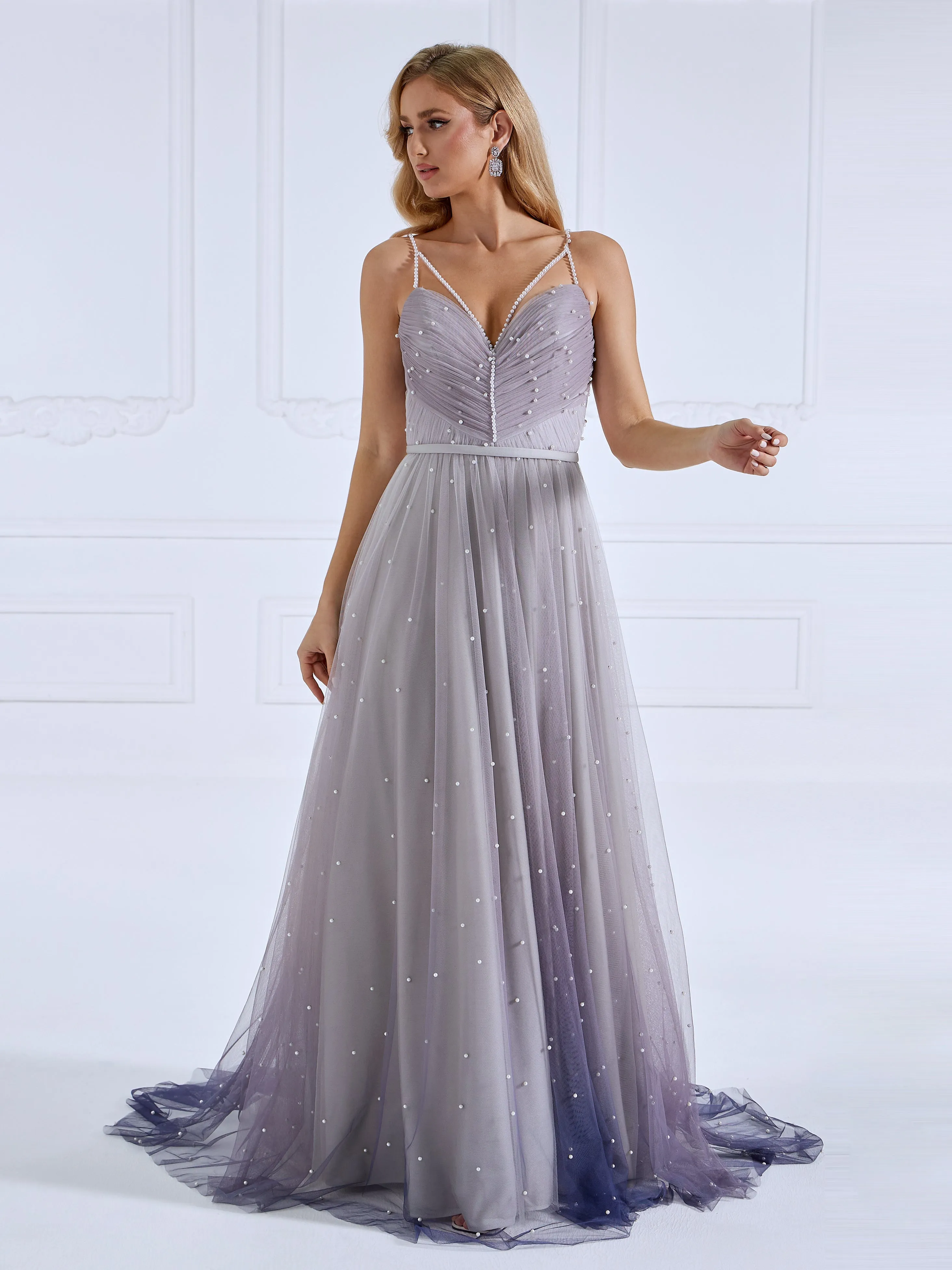 Criss-Cross Pearls Evening Dress V Neck Ball Gown Photo Shoot Dress #f632