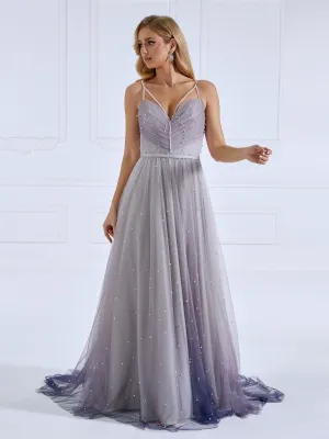 Criss-Cross Pearls Evening Dress V Neck Ball Gown Photo Shoot Dress #f632