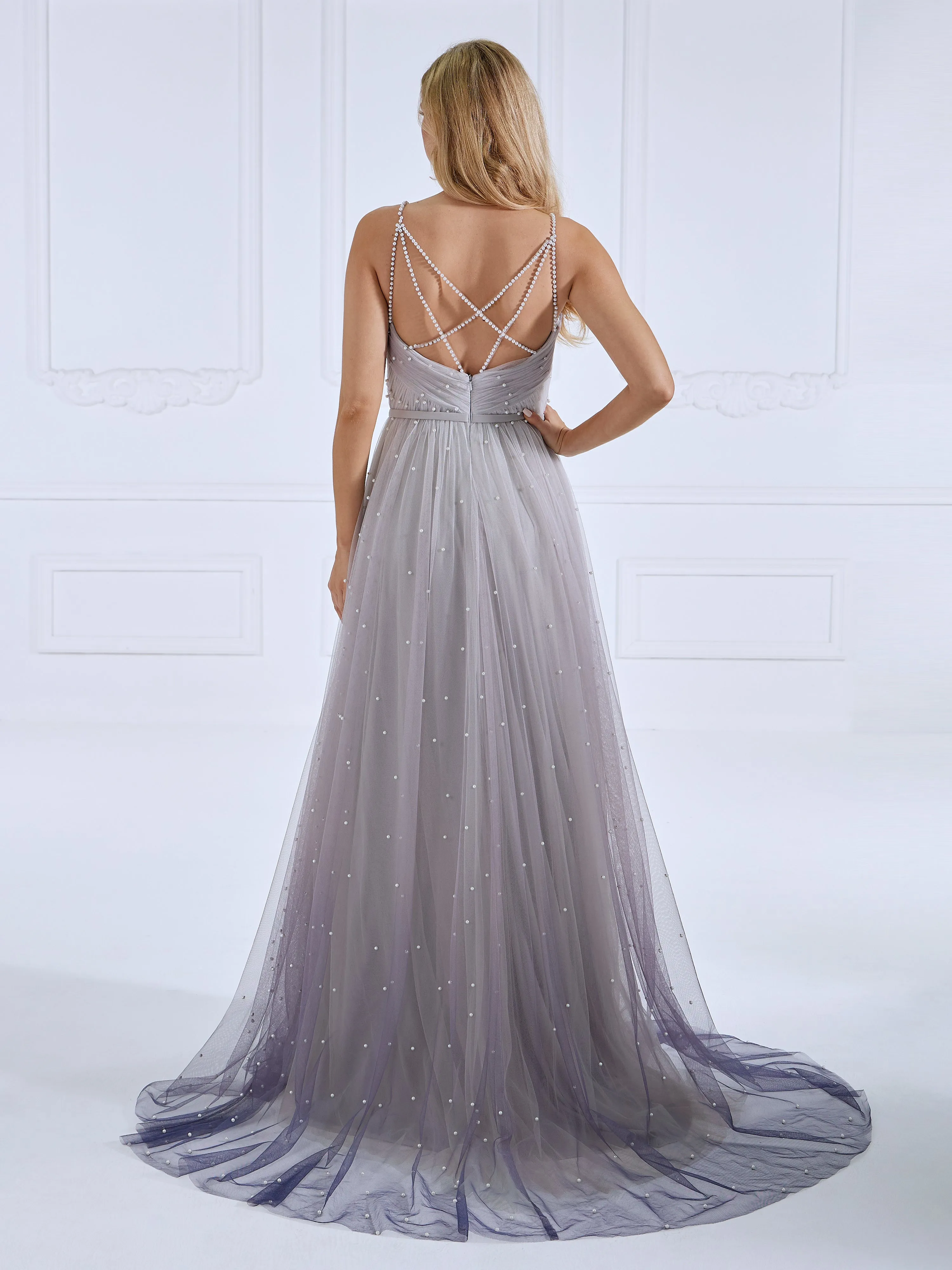 Criss-Cross Pearls Evening Dress V Neck Ball Gown Photo Shoot Dress #f632
