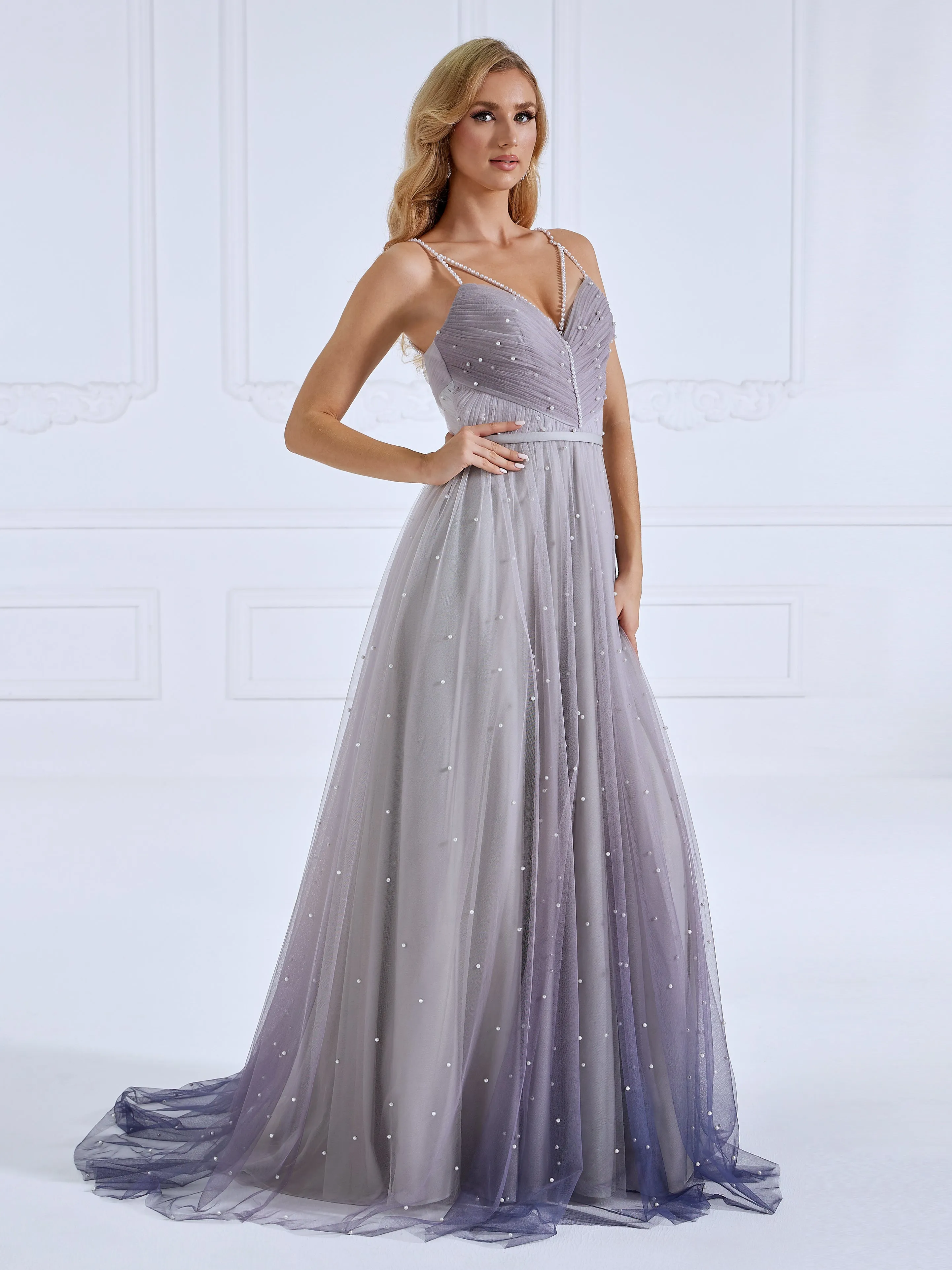 Criss-Cross Pearls Evening Dress V Neck Ball Gown Photo Shoot Dress #f632
