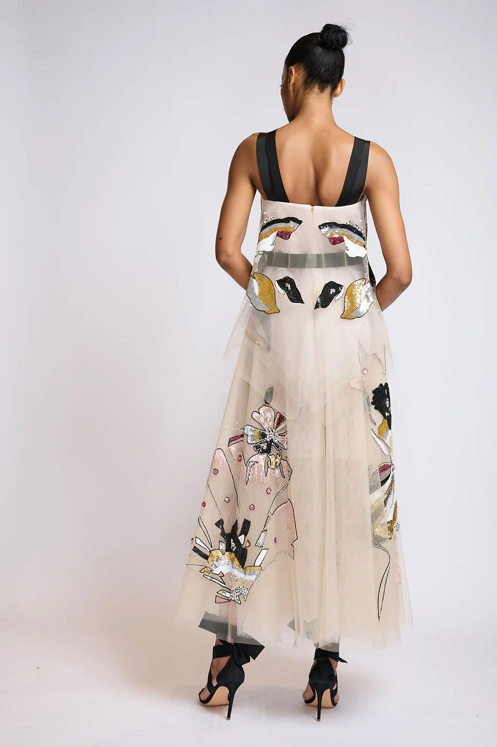 Crystal Hibiscus Embroidered Tulle Cocktail Dress