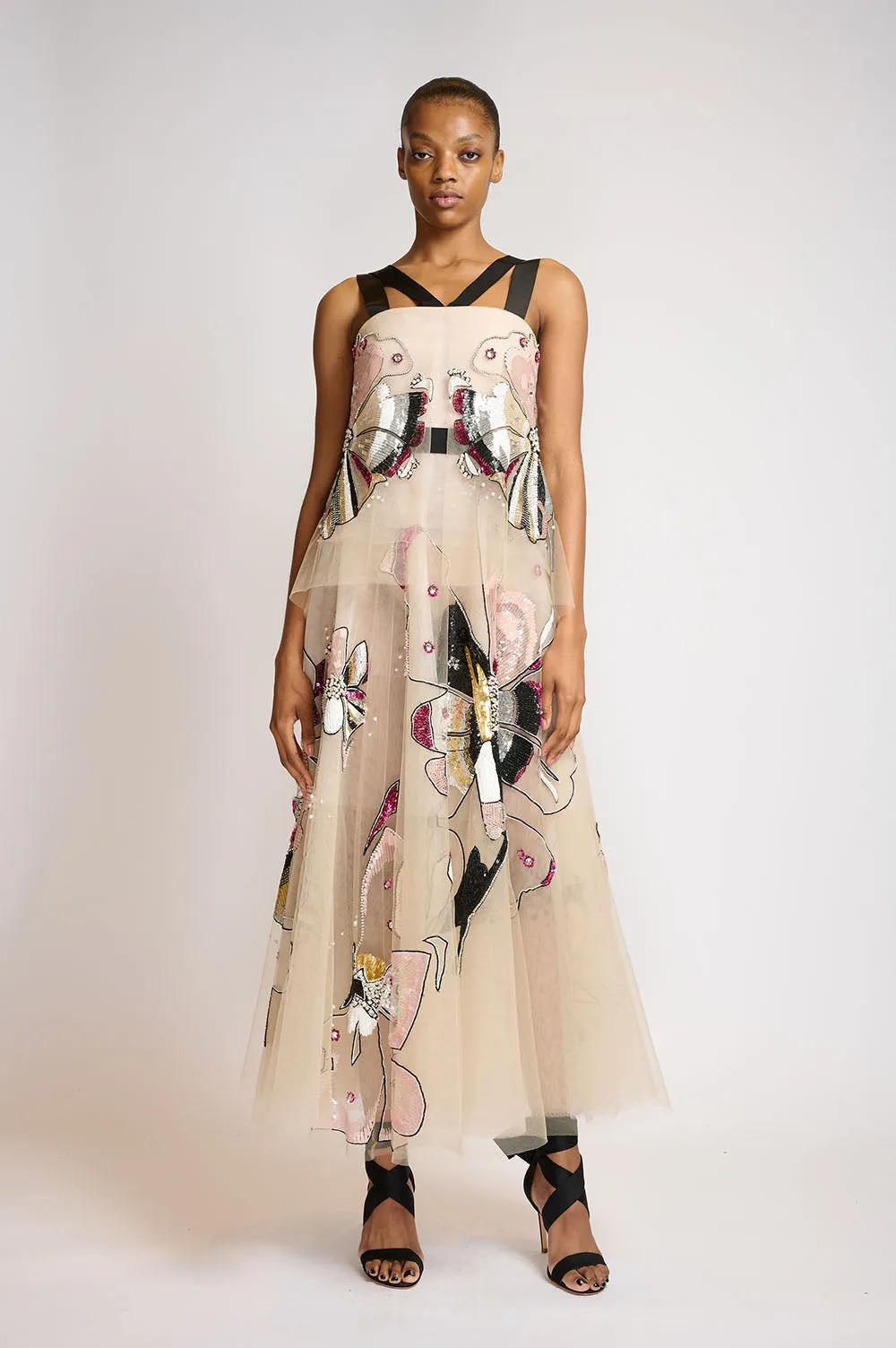 Crystal Hibiscus Embroidered Tulle Cocktail Dress