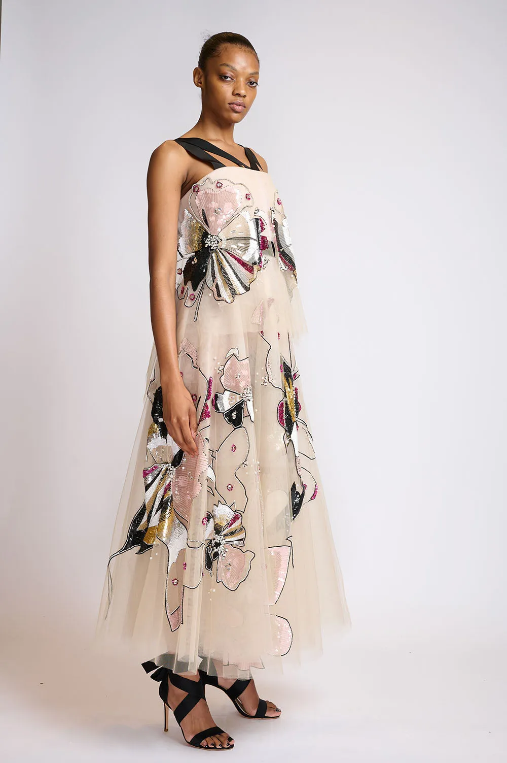 Crystal Hibiscus Embroidered Tulle Cocktail Dress