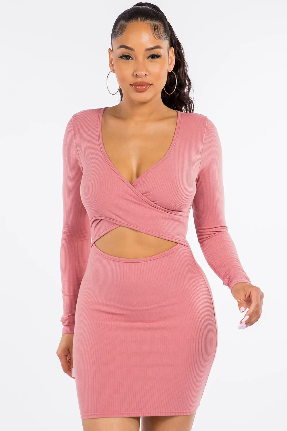 Crystal Ribbed Crisscross Mini Dress - Pink