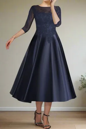 Dark Navy Appliques Tea Length A-Line Mother of the Bride Dress