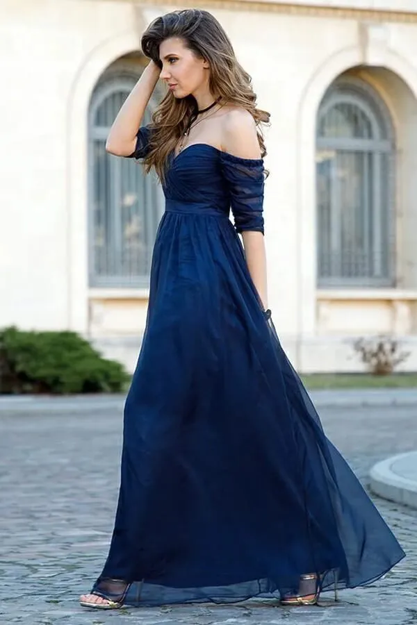 Dark Navy Tulle Half Sleeves Off-the-shoulder Bridesmaid Dresses, MBD285