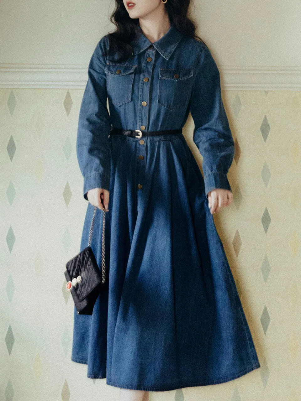 Denim Lapel Long Sleeve 1950S Swing Vintage Dress
