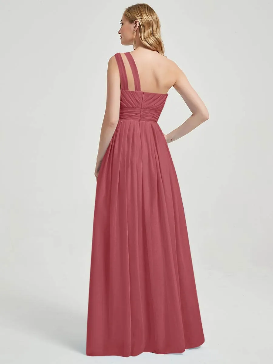 Desert Rose Pleated One Shoulder Floor Length Chiffon Bridesmaid Dress