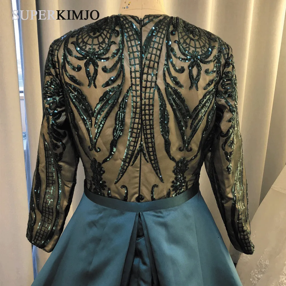 detachable skirt hunter green evening dresses long sleeve sequin appliqué elegant evening gown 2020