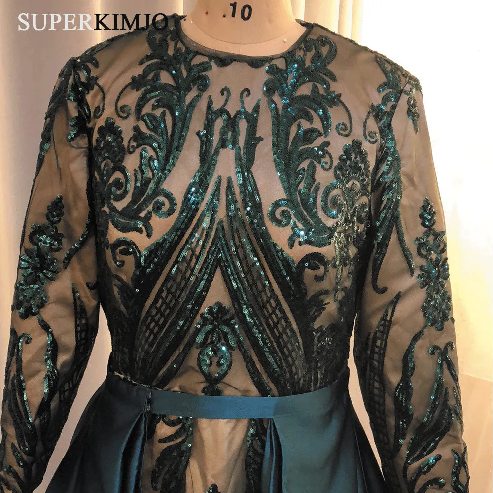 detachable skirt hunter green evening dresses long sleeve sequin appliqué elegant evening gown 2020