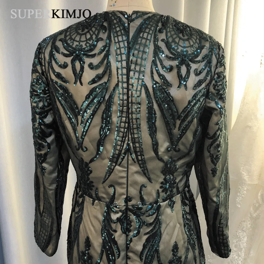 detachable skirt hunter green evening dresses long sleeve sequin appliqué elegant evening gown 2020