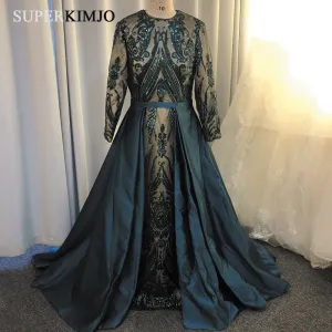 detachable skirt hunter green evening dresses long sleeve sequin appliqué elegant evening gown 2020