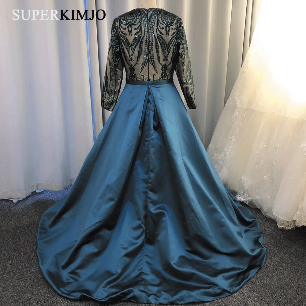 detachable skirt hunter green evening dresses long sleeve sequin appliqué elegant evening gown 2020
