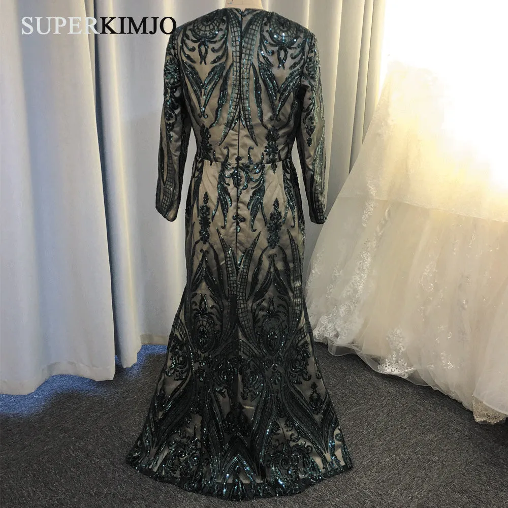 detachable skirt hunter green evening dresses long sleeve sequin appliqué elegant evening gown 2020