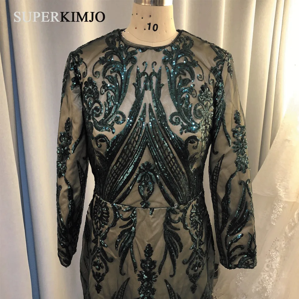detachable skirt hunter green evening dresses long sleeve sequin appliqué elegant evening gown 2020