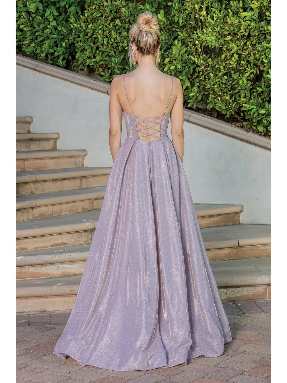 DQ 4259 - Iridescent Metallic A-Line Prom Gown with Gathered V-Neck Bodice Lace Up Corset Back & Leg Slit