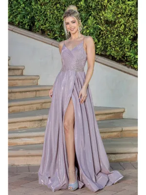 DQ 4259 - Iridescent Metallic A-Line Prom Gown with Gathered V-Neck Bodice Lace Up Corset Back & Leg Slit