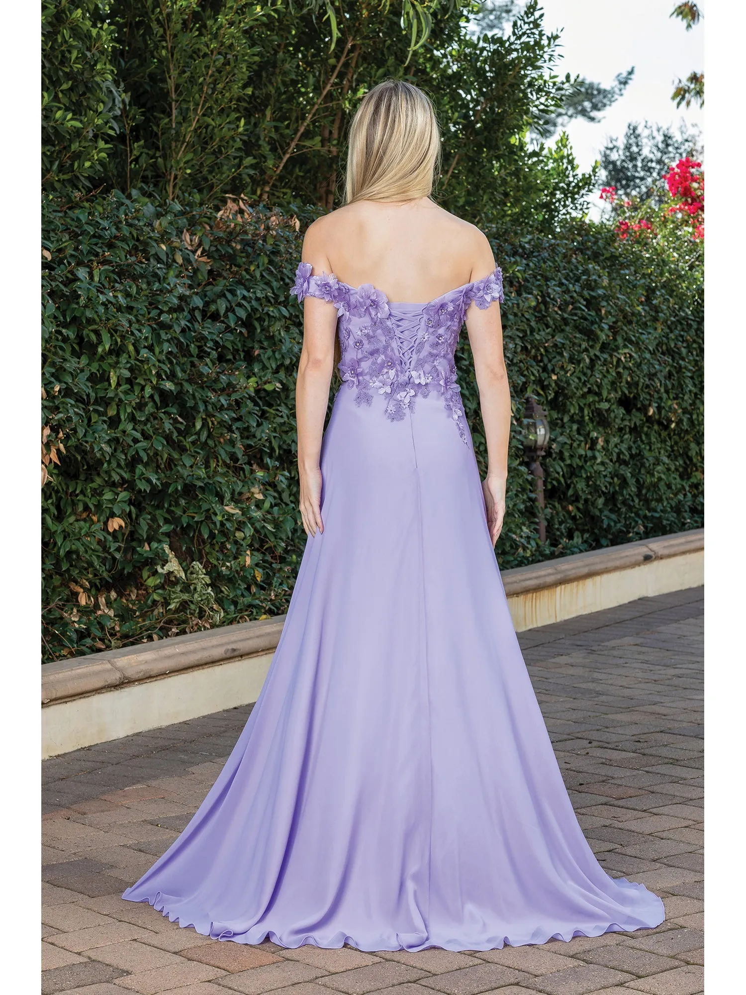 DQ 4268 - Off The Shoulders Flowy Chiffon A-Line Prom Gown with 3D Floral V-Neck Bodice Lace Up Corset Back & Leg Slit