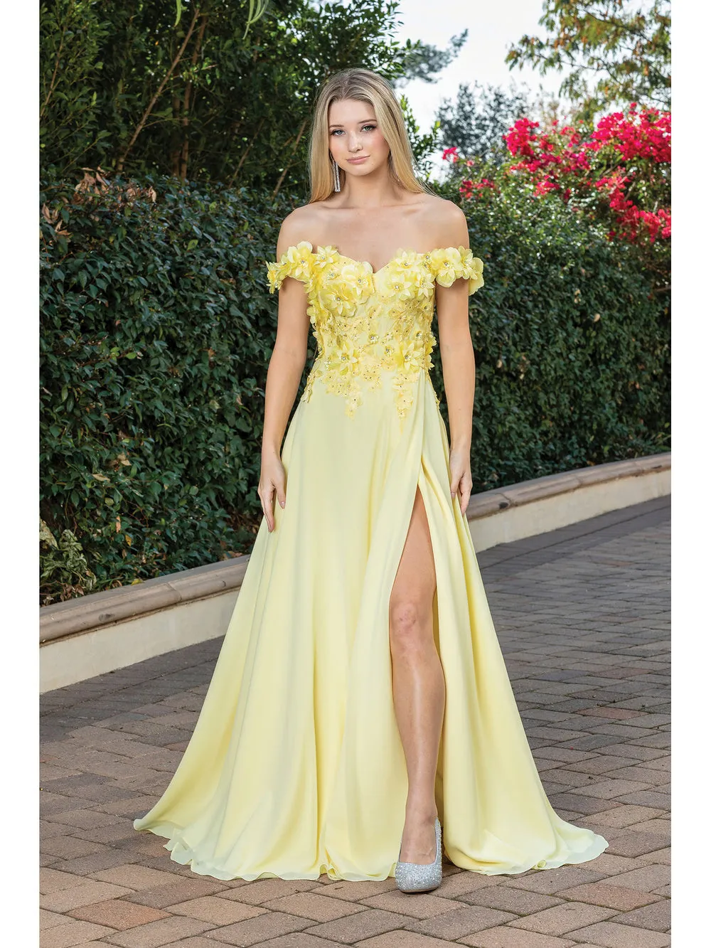 DQ 4268 - Off The Shoulders Flowy Chiffon A-Line Prom Gown with 3D Floral V-Neck Bodice Lace Up Corset Back & Leg Slit