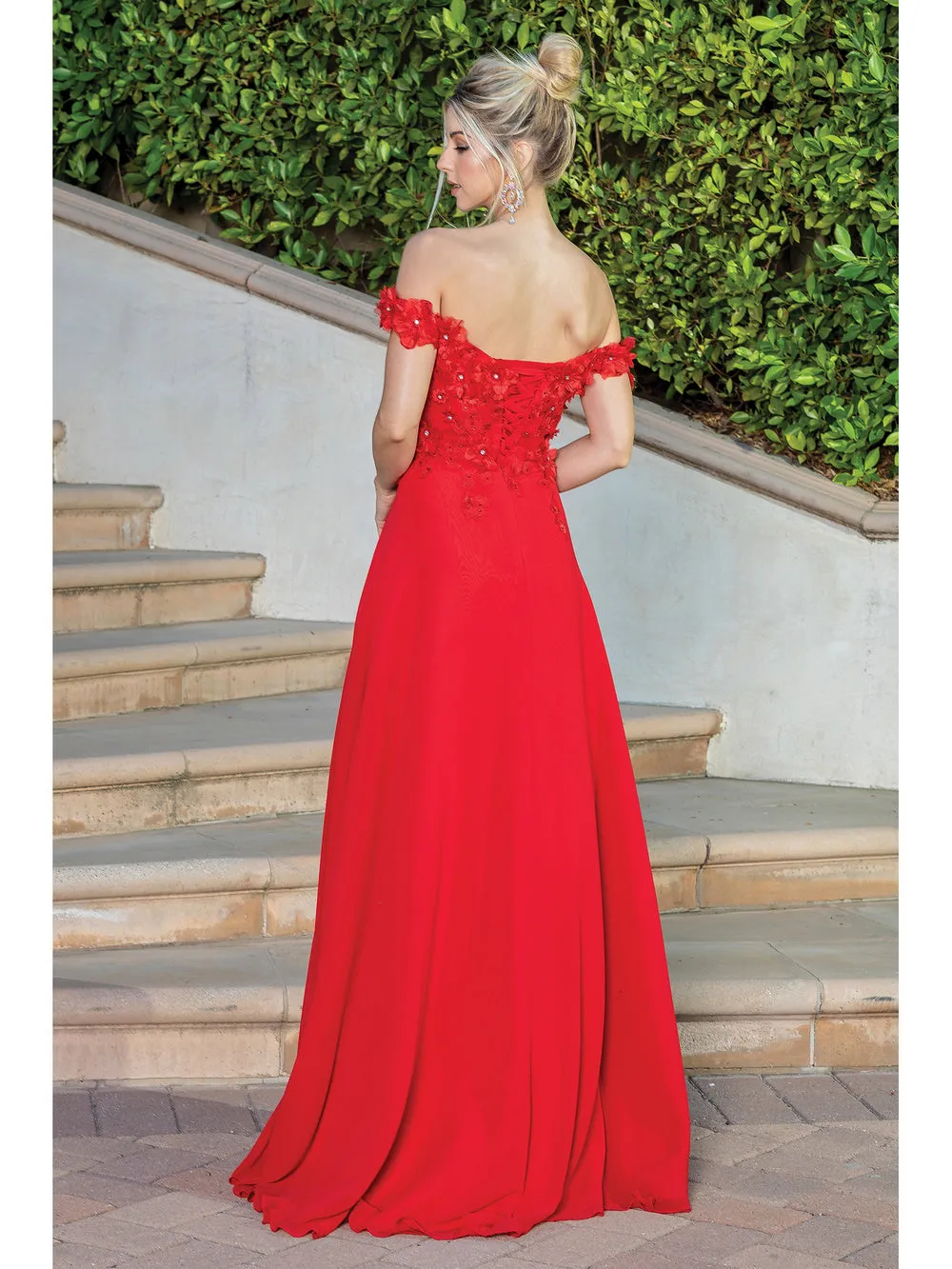 DQ 4268 - Off The Shoulders Flowy Chiffon A-Line Prom Gown with 3D Floral V-Neck Bodice Lace Up Corset Back & Leg Slit