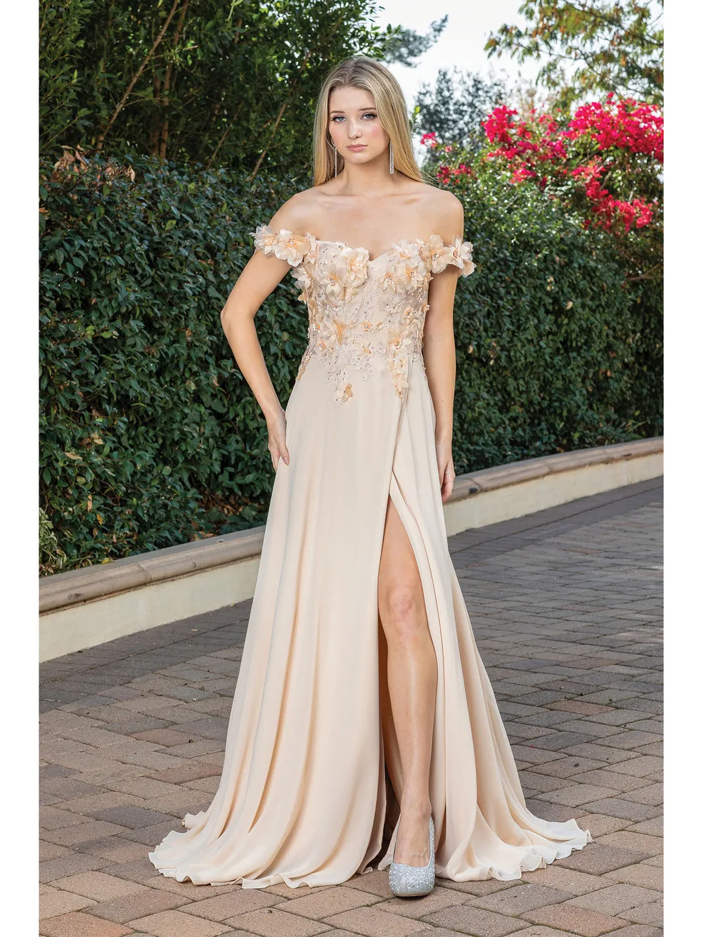 DQ 4268 - Off The Shoulders Flowy Chiffon A-Line Prom Gown with 3D Floral V-Neck Bodice Lace Up Corset Back & Leg Slit