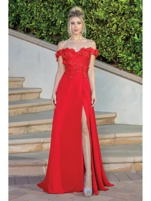 DQ 4268 - Off The Shoulders Flowy Chiffon A-Line Prom Gown with 3D Floral V-Neck Bodice Lace Up Corset Back & Leg Slit