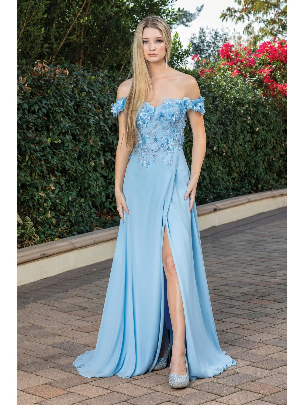 DQ 4268 - Off The Shoulders Flowy Chiffon A-Line Prom Gown with 3D Floral V-Neck Bodice Lace Up Corset Back & Leg Slit