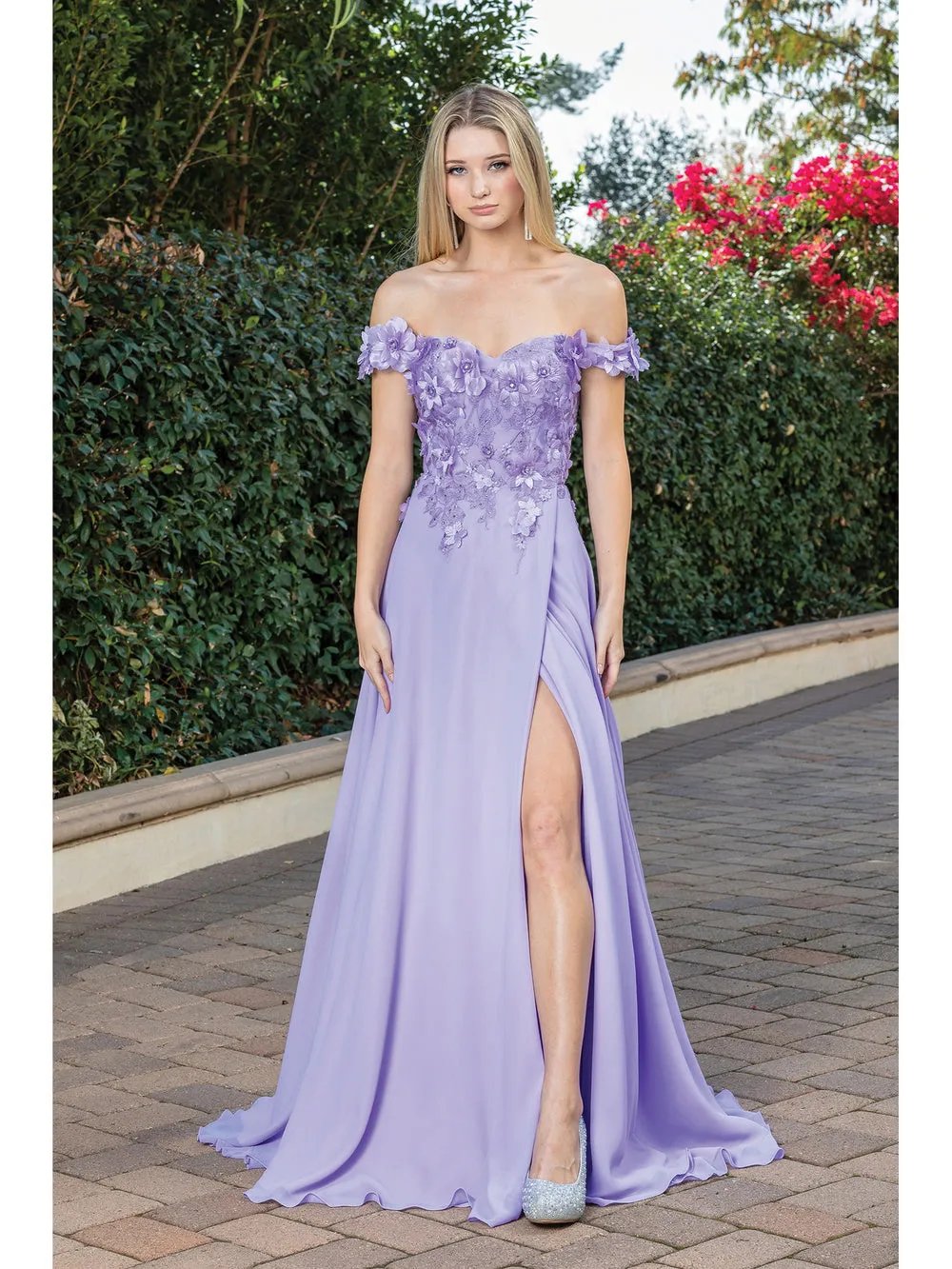 DQ 4268 - Off The Shoulders Flowy Chiffon A-Line Prom Gown with 3D Floral V-Neck Bodice Lace Up Corset Back & Leg Slit