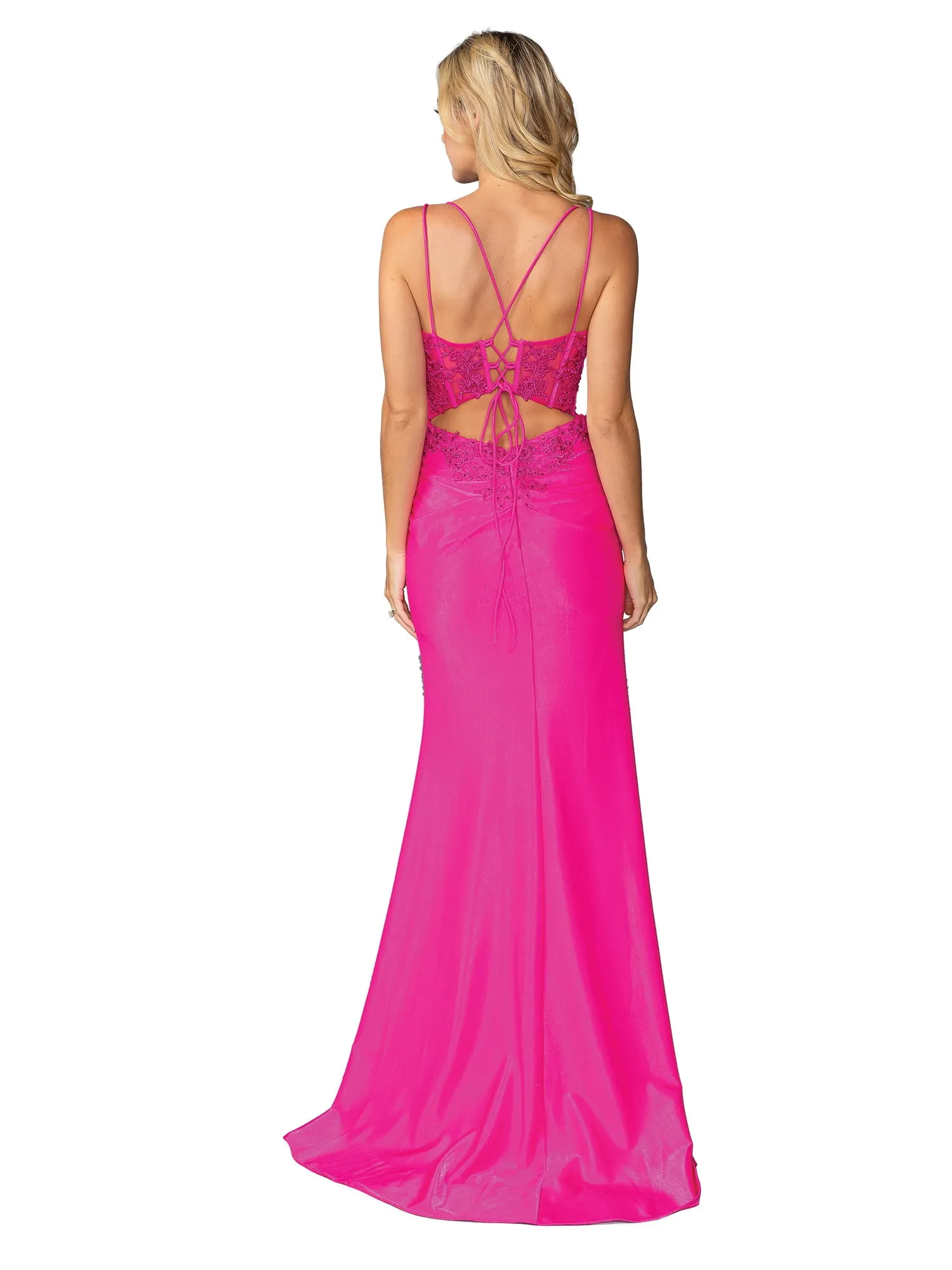 DQ 4434 - Stretch Satin Fit & Flare Prom Gown with Sheer Beaded Corset Bodice Lace Up Open back & Leg Slit