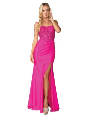 DQ 4434 - Stretch Satin Fit & Flare Prom Gown with Sheer Beaded Corset Bodice Lace Up Open back & Leg Slit