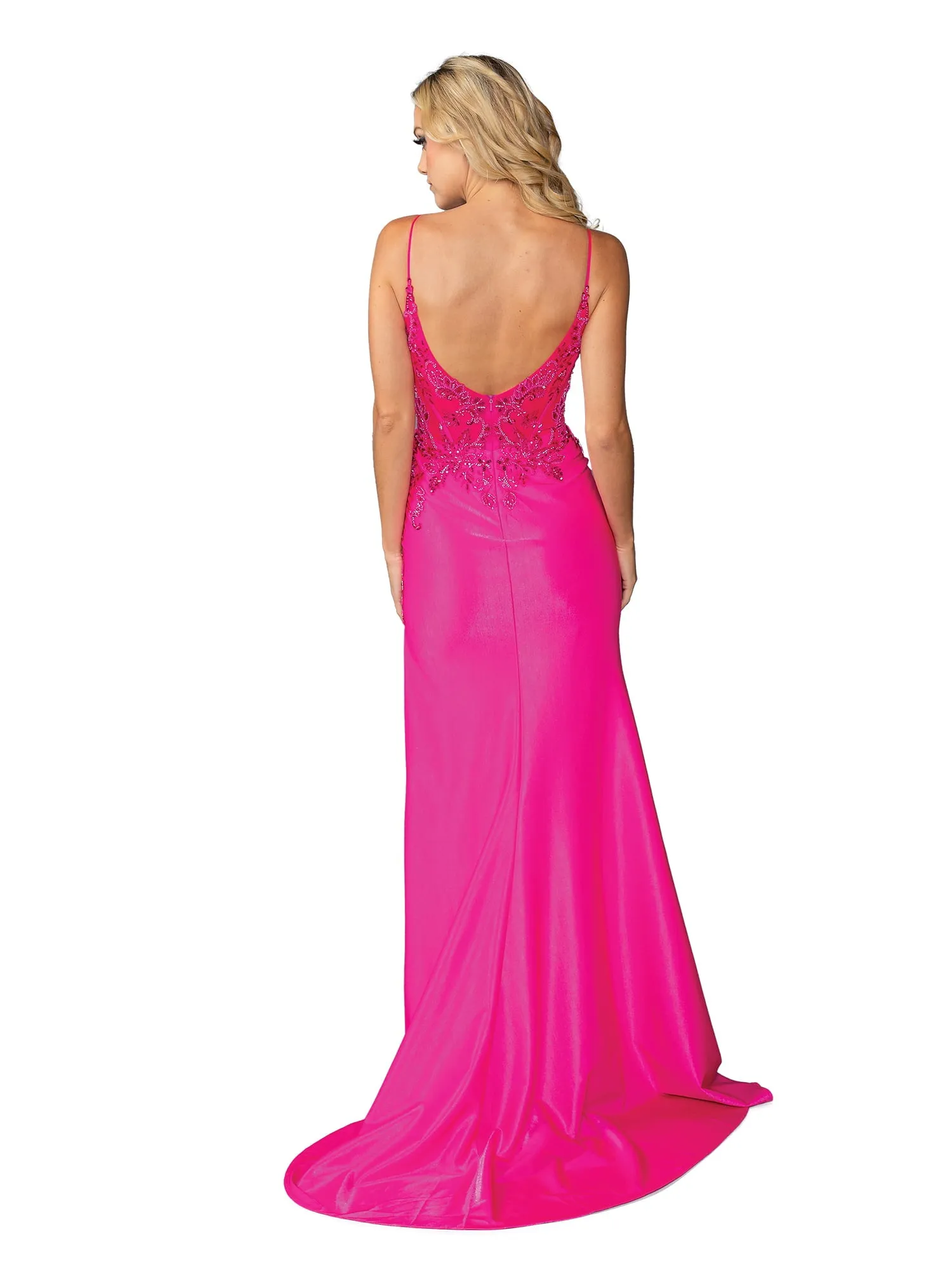 DQ 4436 - Stretch Satin Fit & Flare Prom Gown with Sheer Beaded Corset Bodice & Leg Slit