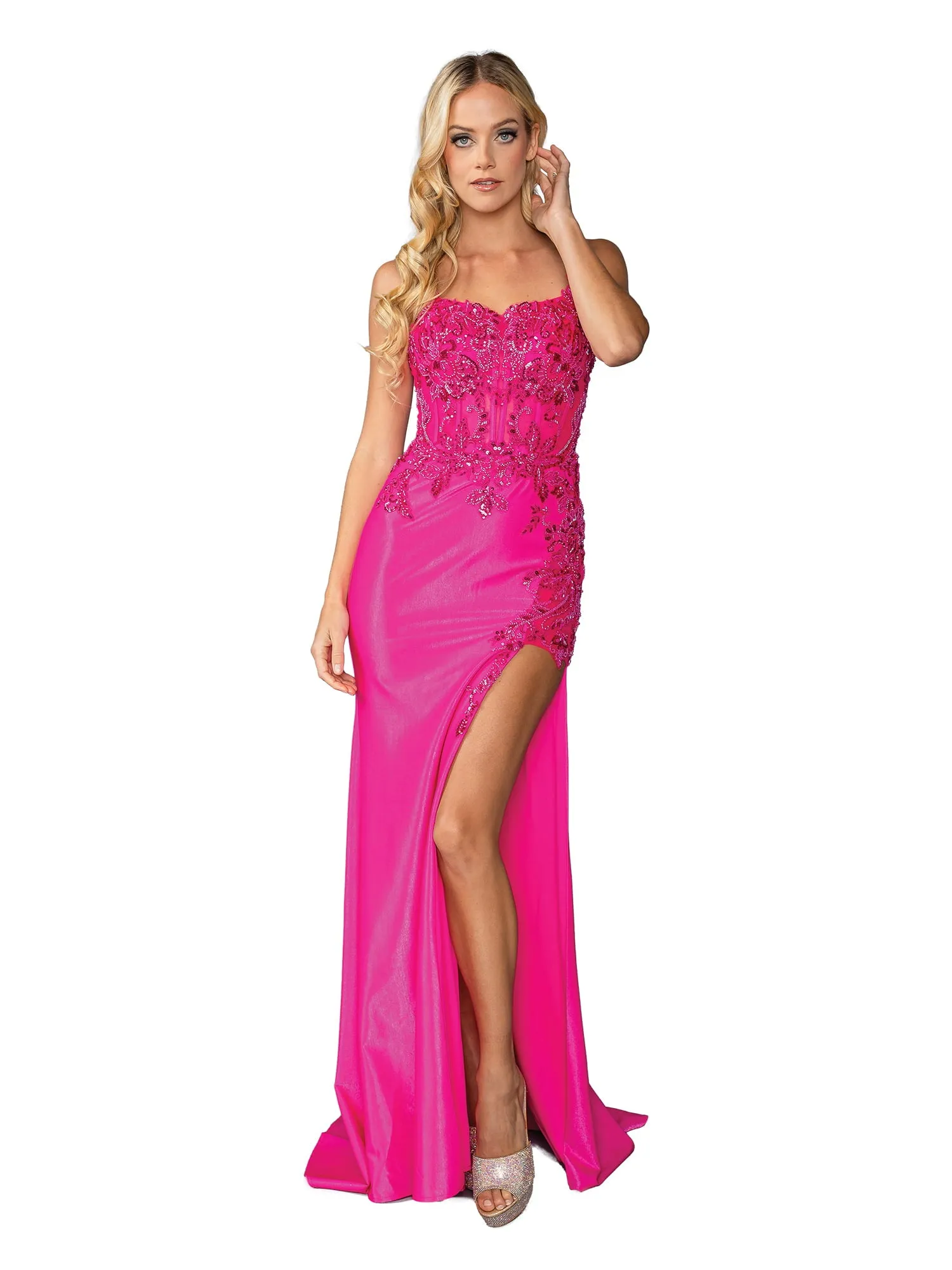 DQ 4436 - Stretch Satin Fit & Flare Prom Gown with Sheer Beaded Corset Bodice & Leg Slit