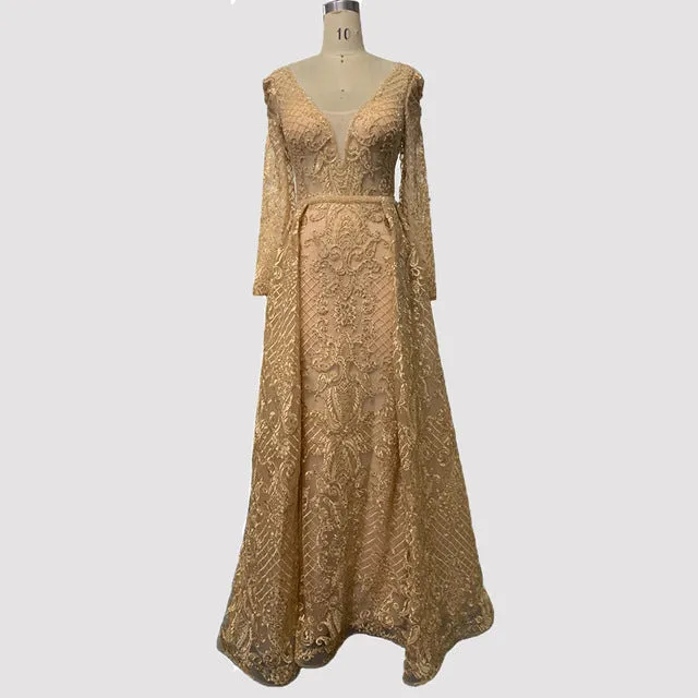 Dubai Blue Luxury Long Sleeves Evening Dresses V-Neck Handmade Flowers Crystal Sexy Evening Gowns Plus Size