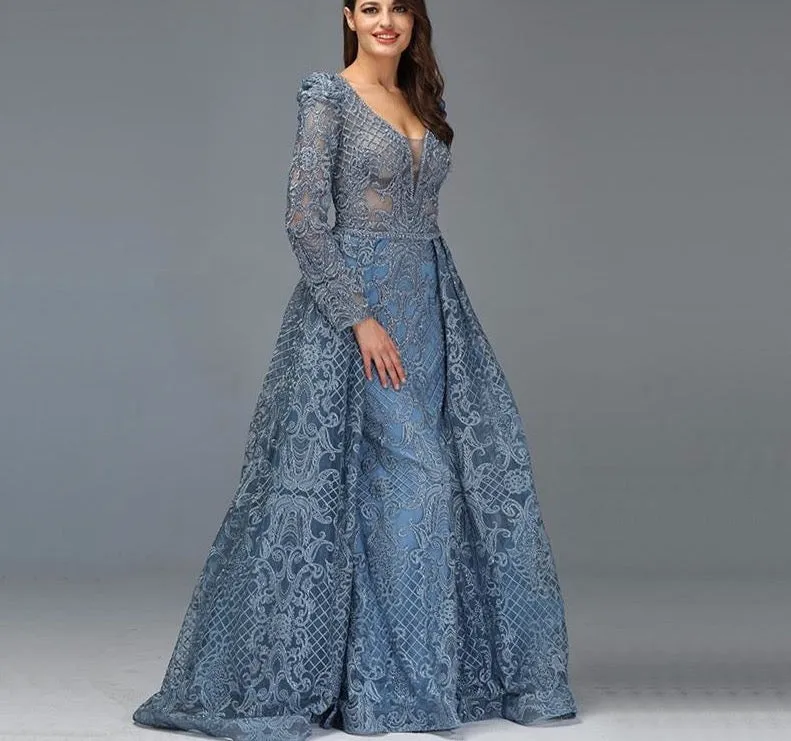 Dubai Blue Luxury Long Sleeves Evening Dresses V-Neck Handmade Flowers Crystal Sexy Evening Gowns Plus Size