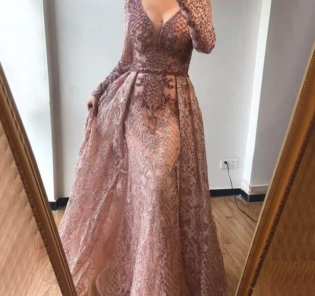 Dubai Blue Luxury Long Sleeves Evening Dresses V-Neck Handmade Flowers Crystal Sexy Evening Gowns Plus Size