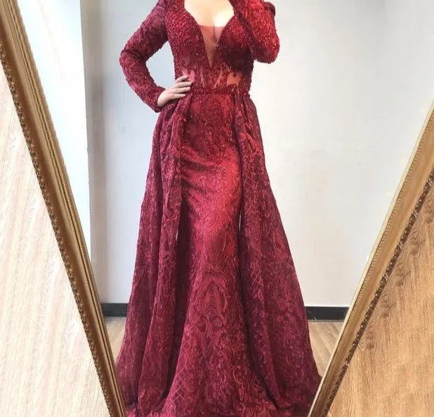 Dubai Blue Luxury Long Sleeves Evening Dresses V-Neck Handmade Flowers Crystal Sexy Evening Gowns Plus Size