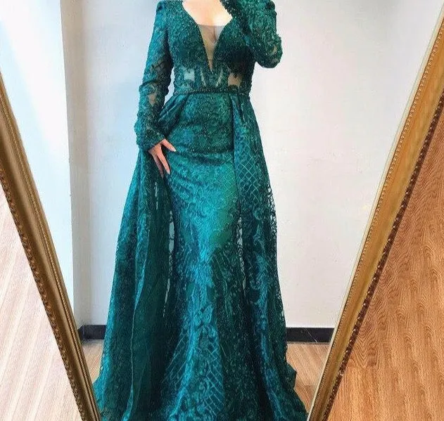 Dubai Blue Luxury Long Sleeves Evening Dresses V-Neck Handmade Flowers Crystal Sexy Evening Gowns Plus Size