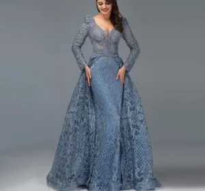 Dubai Blue Luxury Long Sleeves Evening Dresses V-Neck Handmade Flowers Crystal Sexy Evening Gowns Plus Size