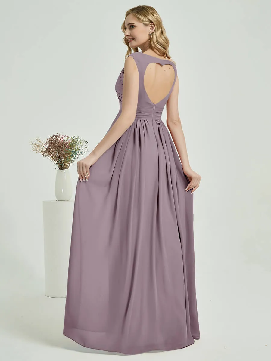 Dusk Sweetheart V-Neck Backless Chiffon Floor-Length Bridesmaid Dress