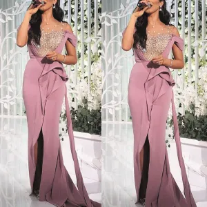dusty pink beaded evening dresses long mermaid crystals elegant short sleeve cheap evening formal gown