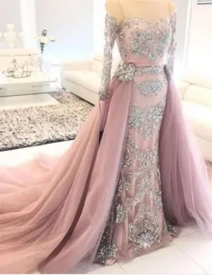dusty pink evening dresses long sleeve lace appliqué beaded elegant luxury evening gown 2020