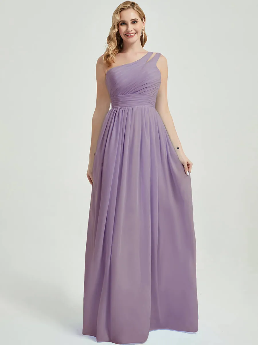 Dusty Purple Pleated One Shoulder Floor Length Chiffon Bridesmaid Dress
