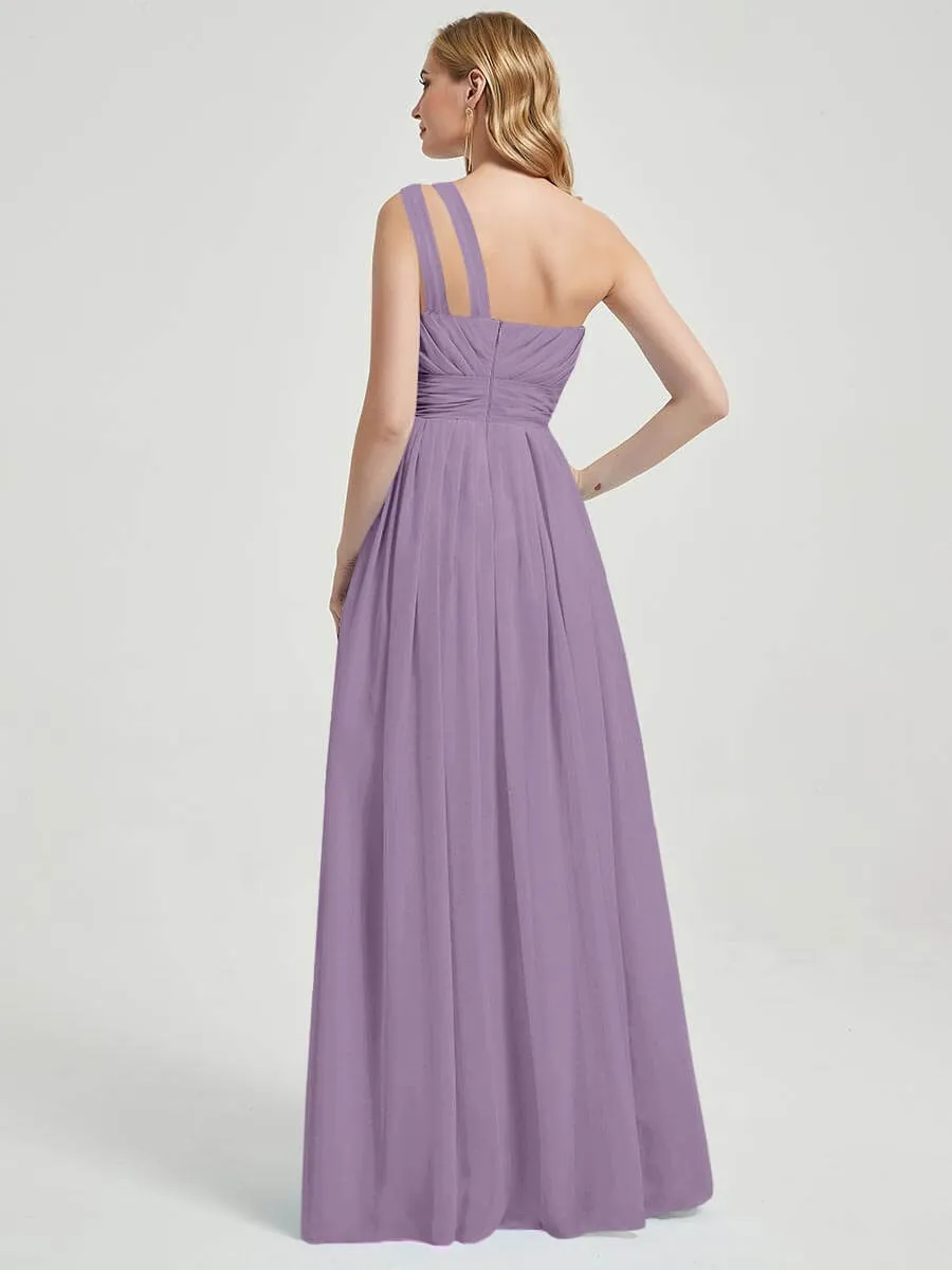 Dusty Purple Pleated One Shoulder Floor Length Chiffon Bridesmaid Dress
