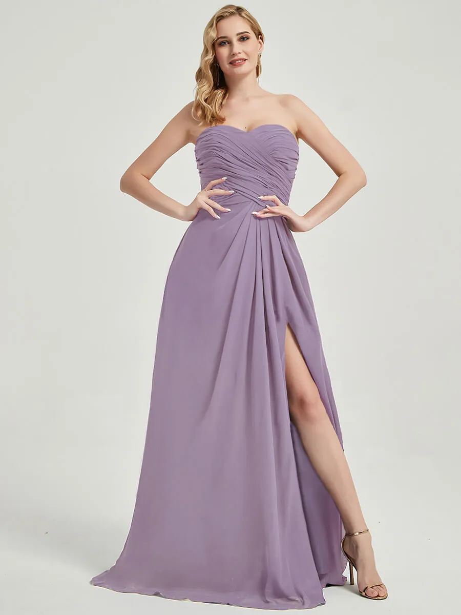 Dusty Purple Strapless Floor-Length Empire Bridesmaid Dress with Slit