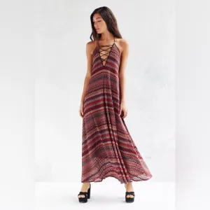 Ecote Flame Stitch Lace-Up Maxi Dress Size S EUC